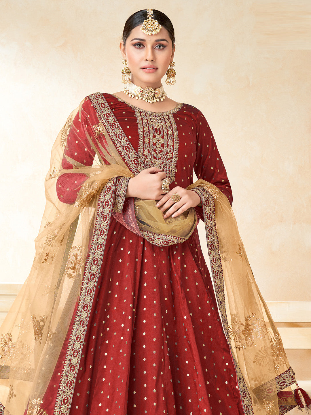 Red Embroidered Art Silk Semi Stitched Kurta With Churidar Pajami &amp; Dupatta