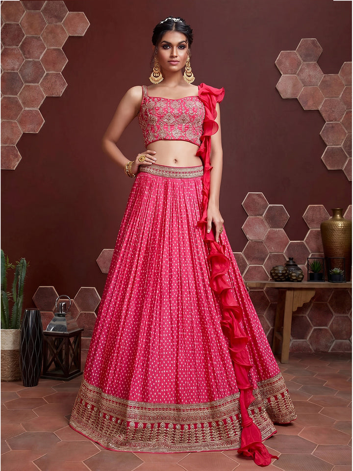 Pink Embroidered Chinon Semi Stitched Kurta Choli With Lehenga &amp; Dupatta