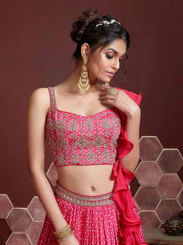 Pink Embroidered Chinon Semi Stitched Kurta Choli With Lehenga &amp; Dupatta