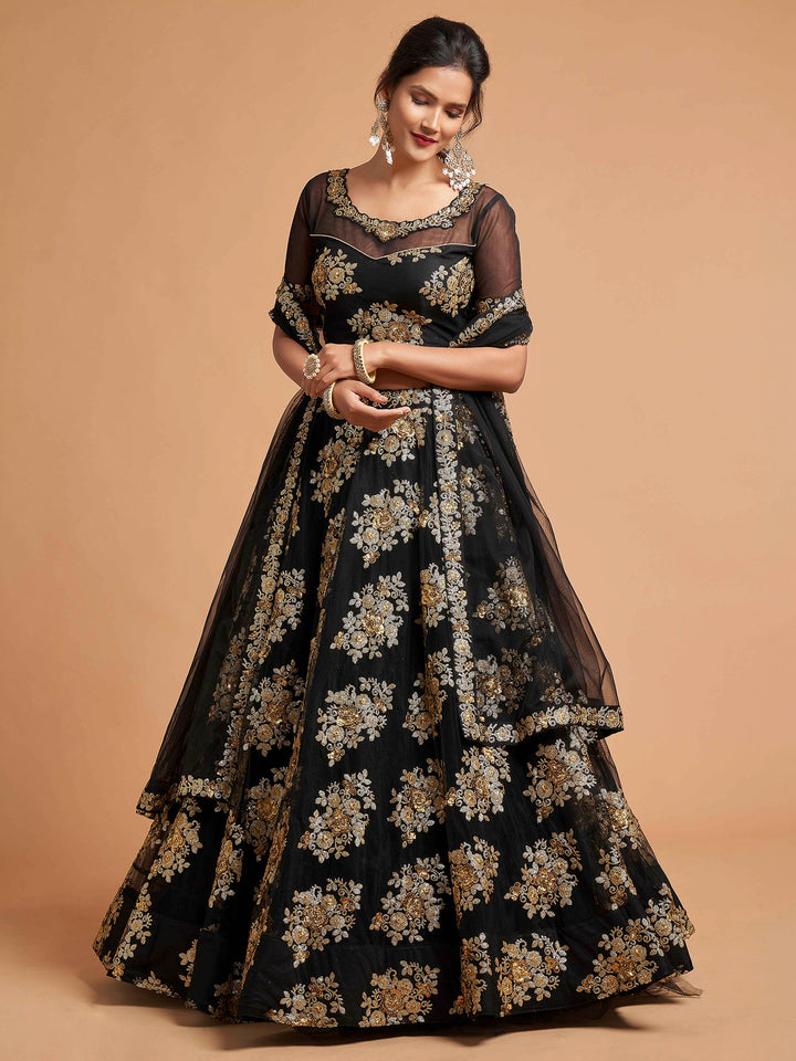 Black Art Silk Embroidered Semi Stitched Lehenga Choli with Dupatta