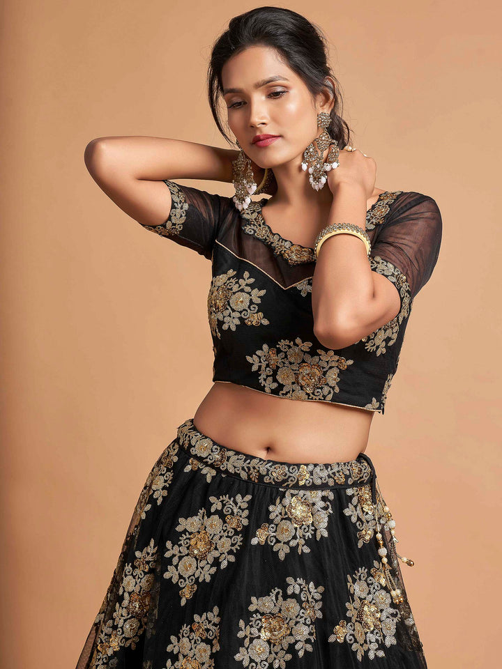 Black Art Silk Embroidered Semi Stitched Lehenga Choli with Dupatta