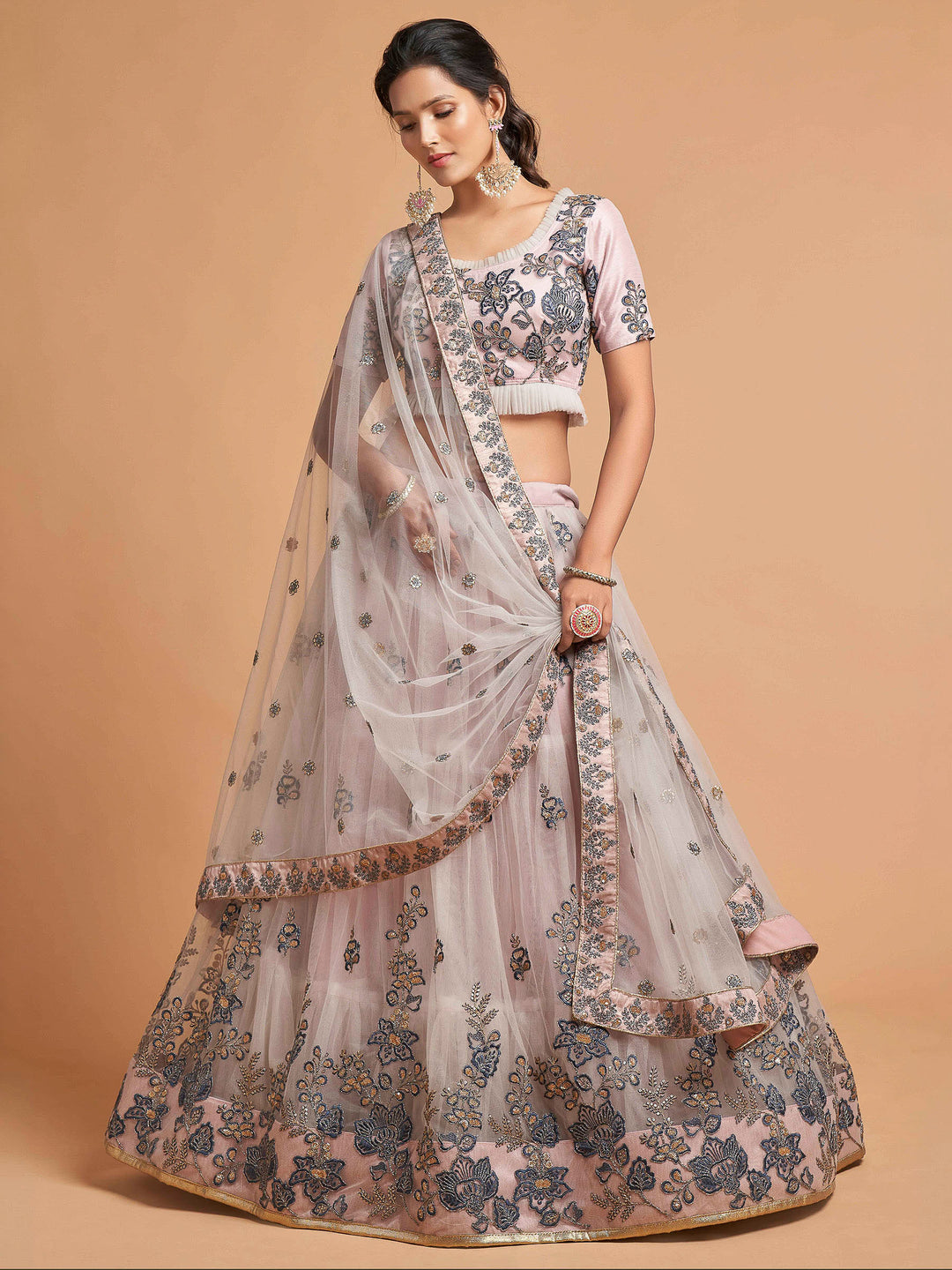 Off-White Art Silk Embroidered Semi Stitched Lehenga Choli with Dupatta