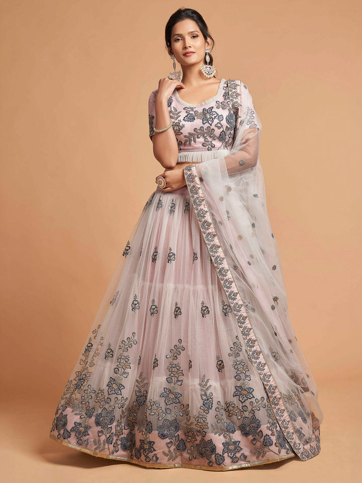 Off-White Art Silk Embroidered Semi Stitched Lehenga Choli with Dupatta