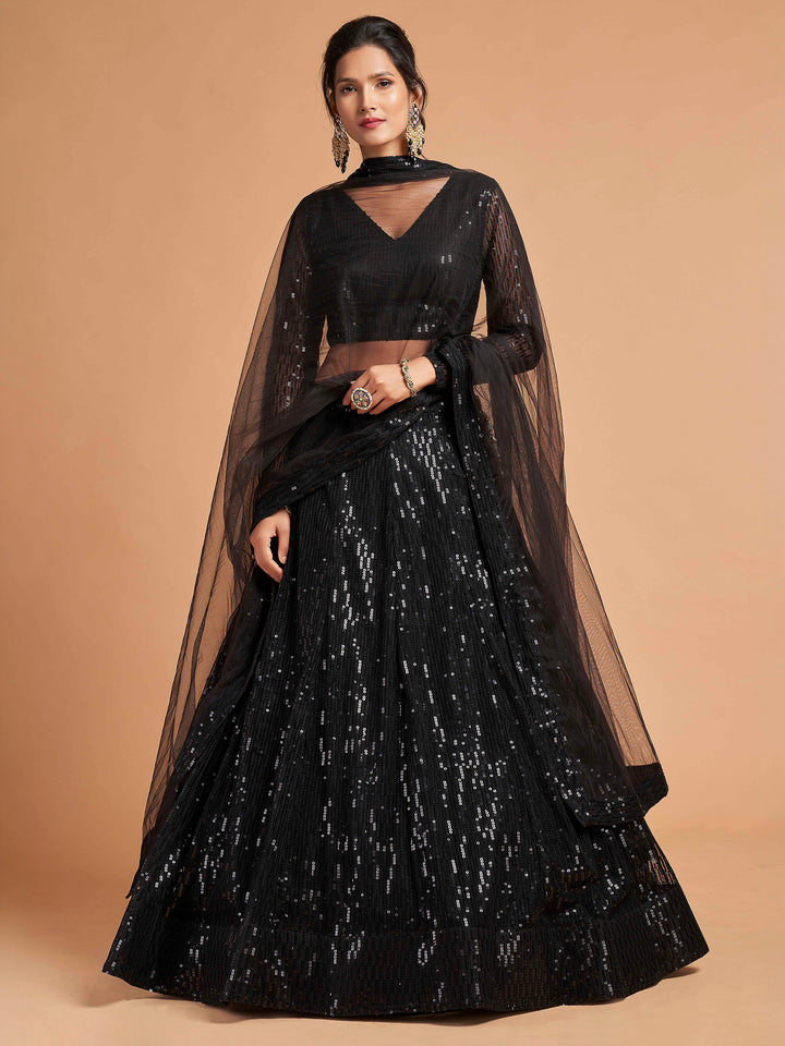 Black Art Silk Embroidered Semi Stitched Lehenga Choli with Dupatta