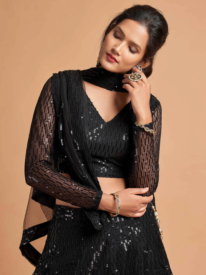 Black Art Silk Embroidered Semi Stitched Lehenga Choli with Dupatta