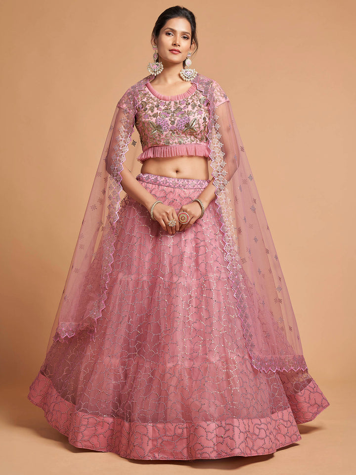 Pink Art Silk Embroidered Semi Stitched Lehenga Choli with Dupatta