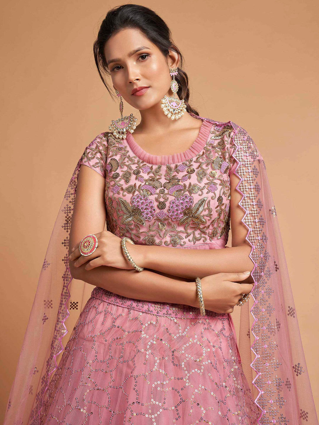 Pink Art Silk Embroidered Semi Stitched Lehenga Choli with Dupatta