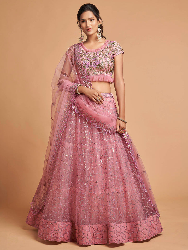 Pink Art Silk Embroidered Semi Stitched Lehenga Choli with Dupatta