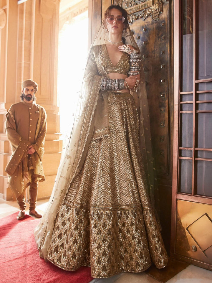 Golden-Beige Art Silk Embroidered Semi Stitched Lehenga Choli with Dupatta