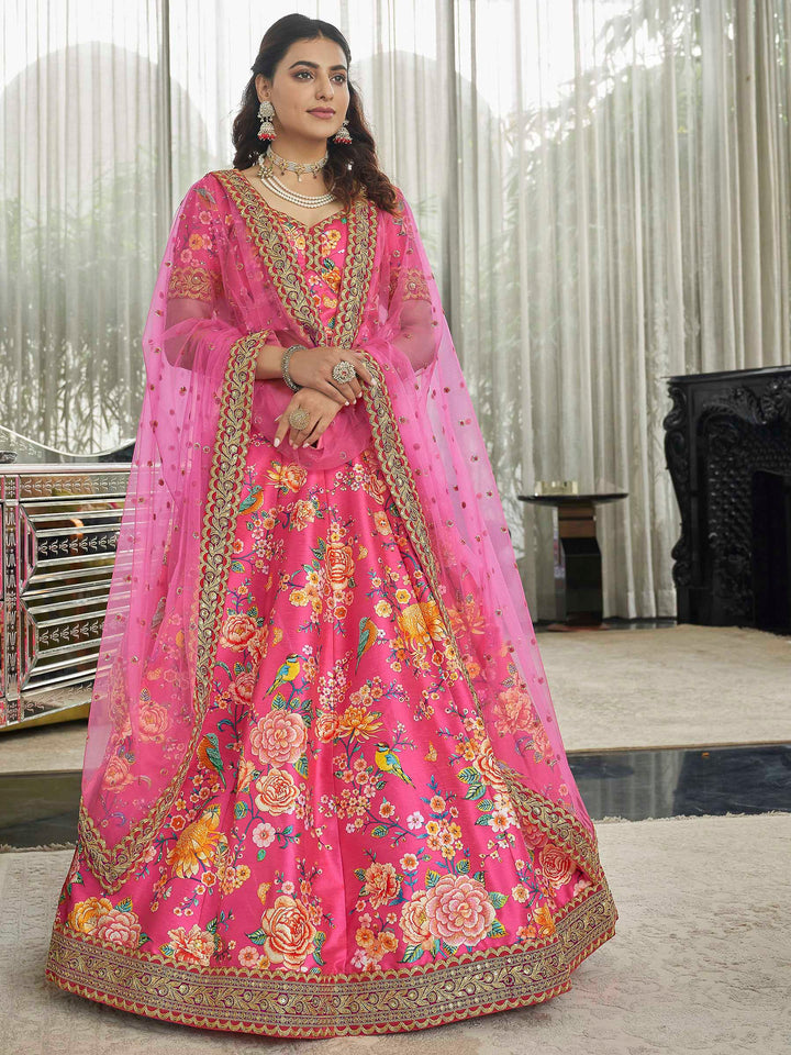 Pink Art Silk Embroidered Semi Stitched Lehenga Choli with Dupatta