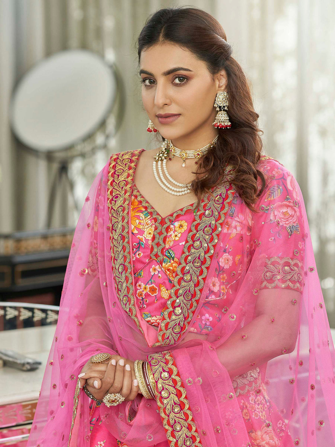 Pink Art Silk Embroidered Semi Stitched Lehenga Choli with Dupatta