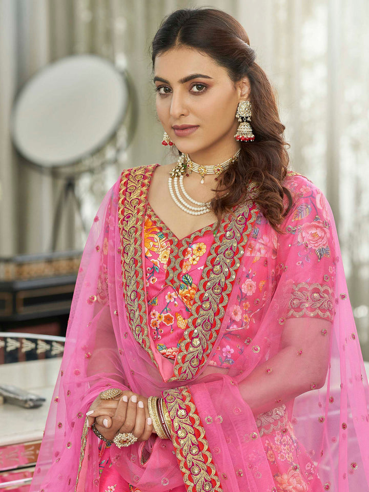 Pink Art Silk Embroidered Semi Stitched Lehenga Choli with Dupatta