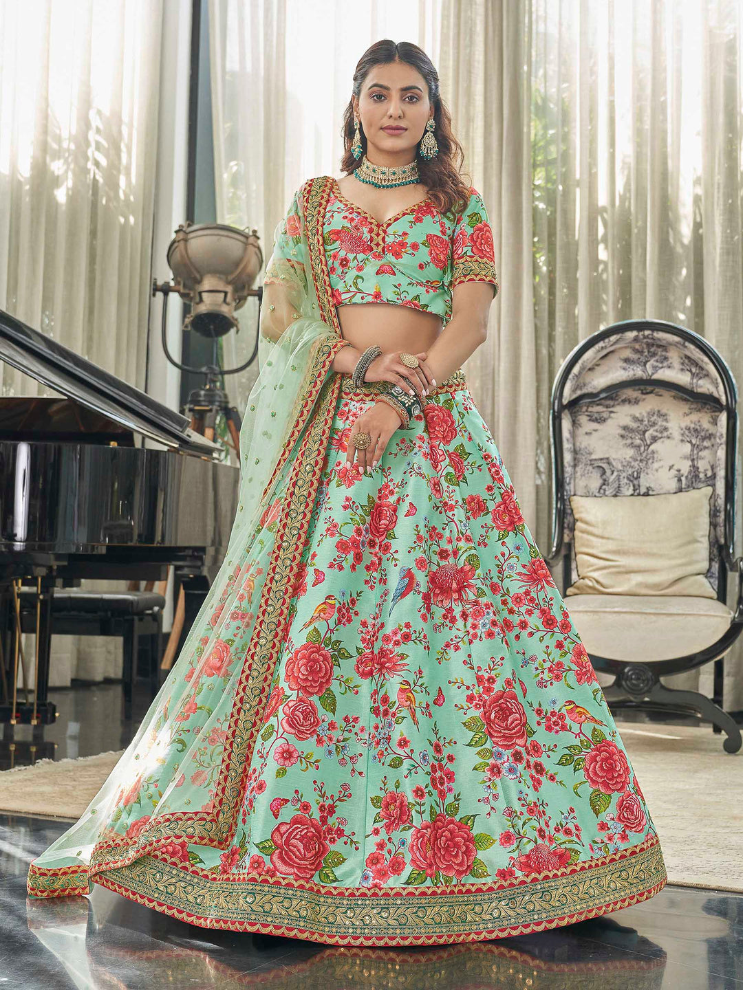 Green Art Silk Embroidered Semi Stitched Lehenga Choli with Dupatta