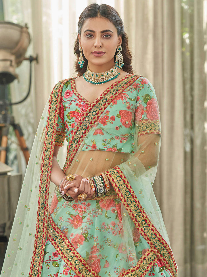 Green Art Silk Embroidered Semi Stitched Lehenga Choli with Dupatta