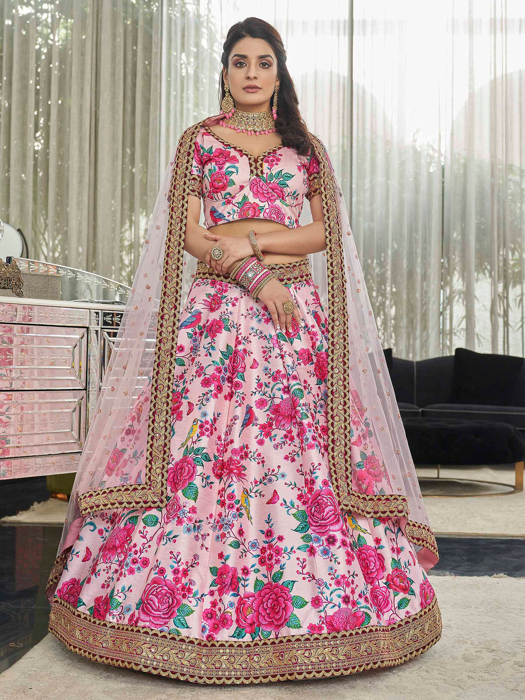 Pink Art Silk Embroidered Semi Stitched Lehenga Choli with Dupatta