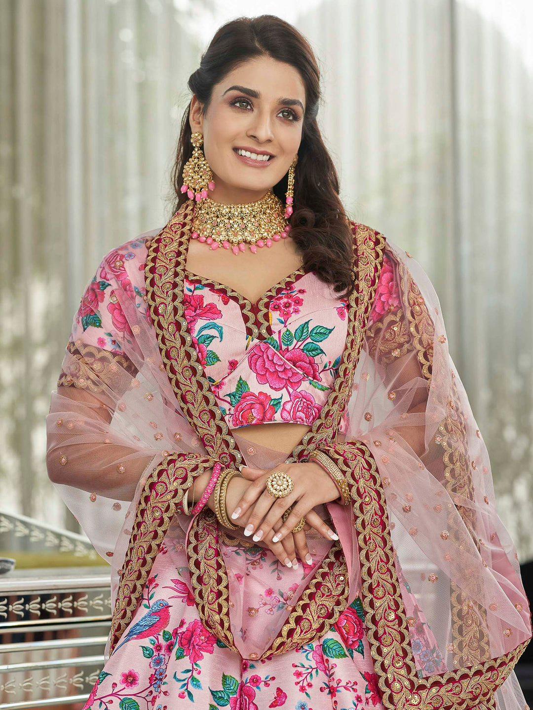 Pink Art Silk Embroidered Semi Stitched Lehenga Choli with Dupatta