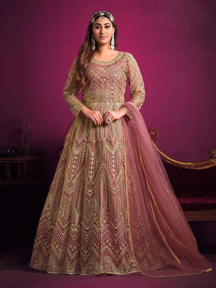 Rose Embroidered Net Semi Stitched Kurta With Pant &amp; Dupatta
