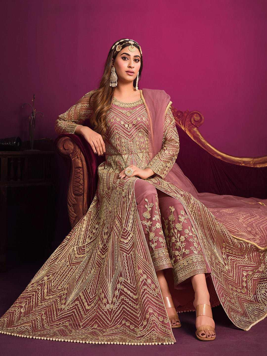 Rose Embroidered Net Semi Stitched Kurta With Pant &amp; Dupatta
