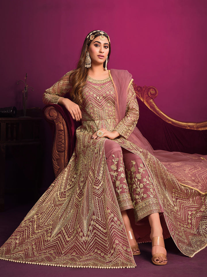 Rose Embroidered Net Semi Stitched Kurta With Pant &amp; Dupatta