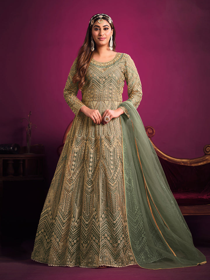 Green Embroidered Net Semi Stitched Kurta With Pant &amp; Dupatta