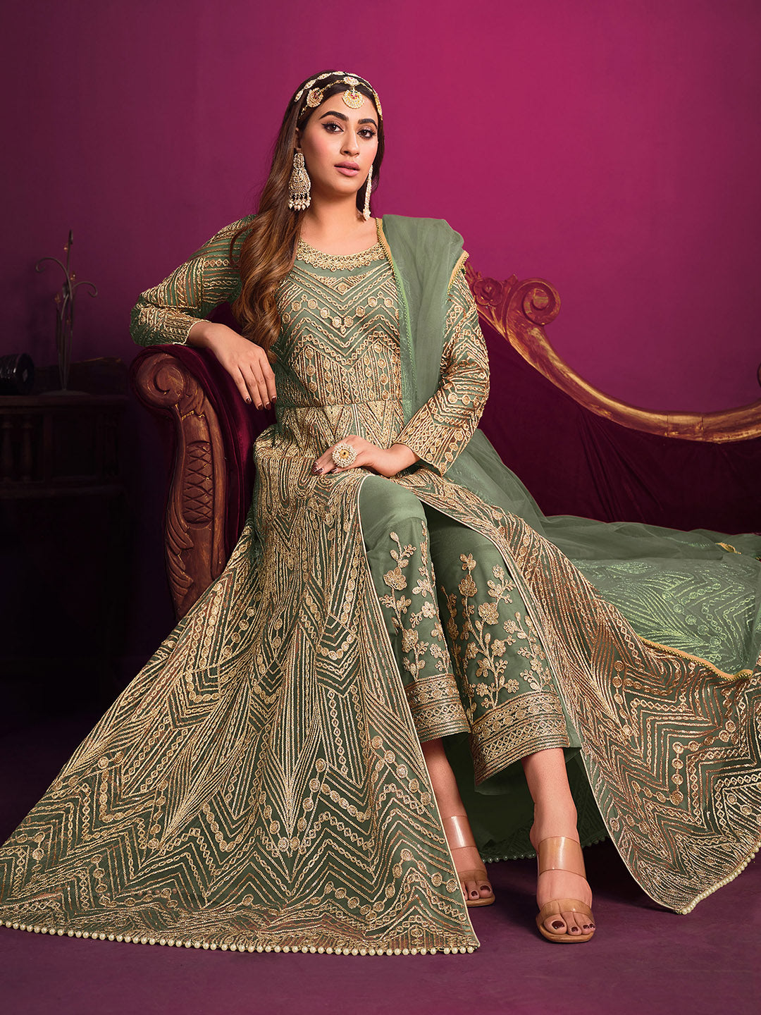 Green Embroidered Net Semi Stitched Kurta With Pant &amp; Dupatta