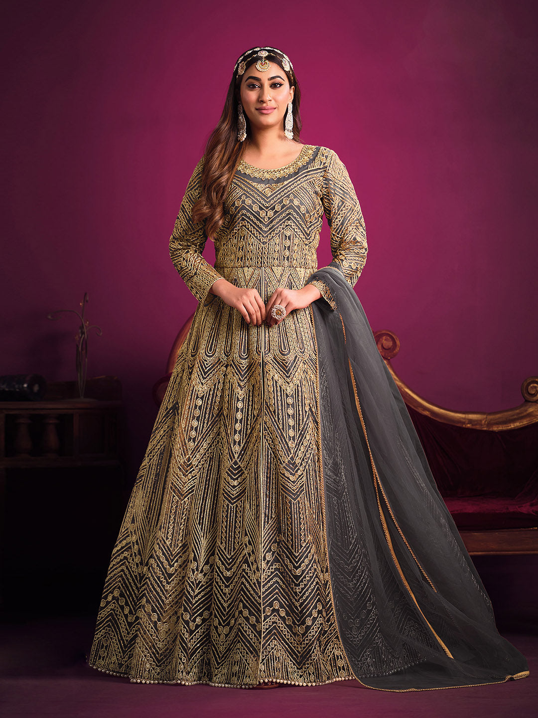 Grey Embroidered Net Semi Stitched Kurta With Pant &amp; Dupatta