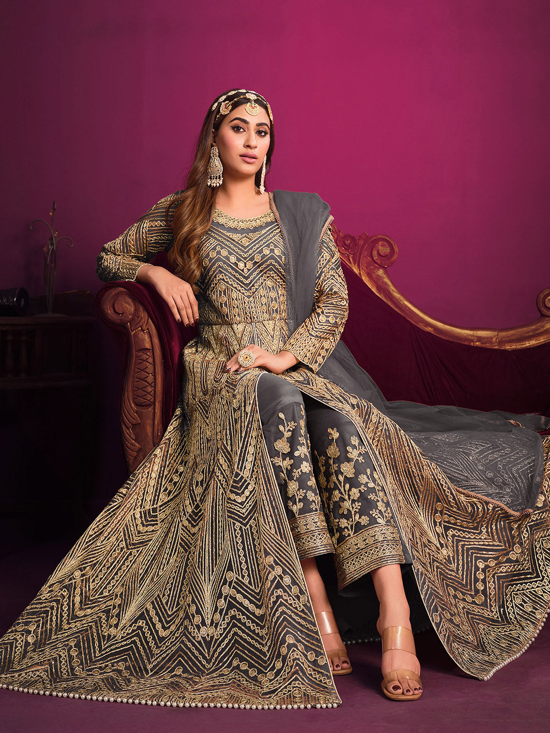 Grey Embroidered Net Semi Stitched Kurta With Pant &amp; Dupatta