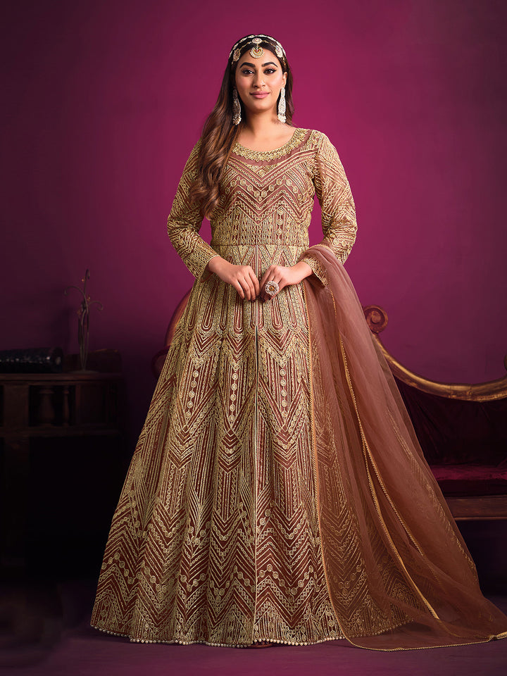 Mauve Embroidered Net Semi Stitched Kurta With Pant &amp; Dupatta