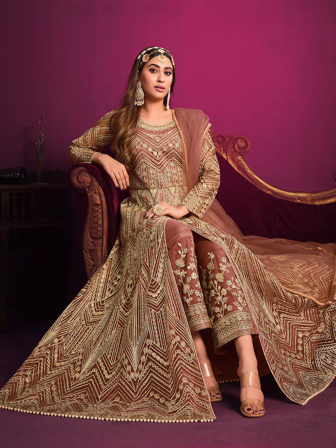 Mauve Embroidered Net Semi Stitched Kurta With Pant &amp; Dupatta