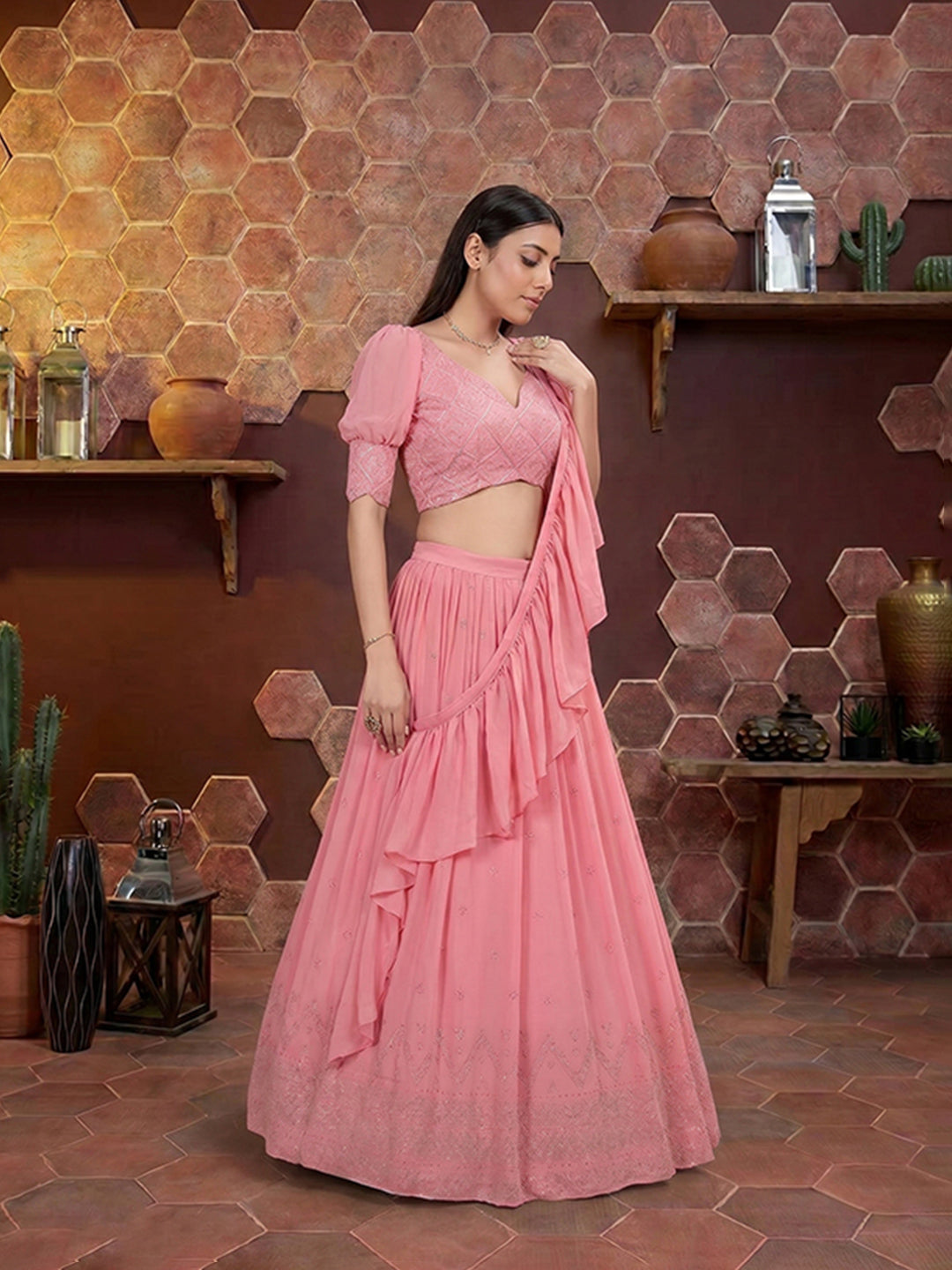 Pink Embroidered Georgette Semi Stitched Kurta Choli With Lehenga &amp; Dupatta