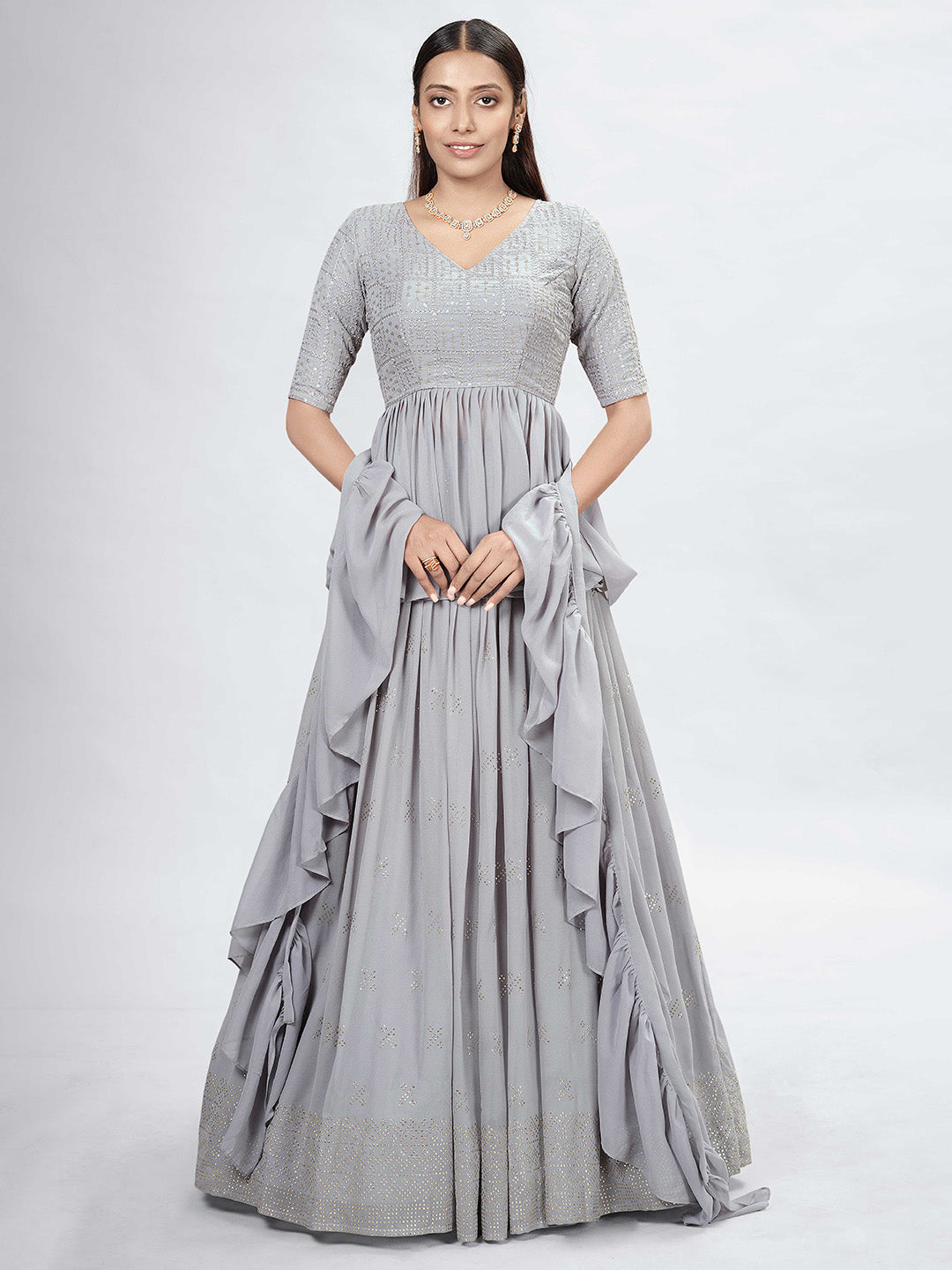 Grey Embroidered Georgette Semi Stitched Kurta Choli With Lehenga &amp; Dupatta