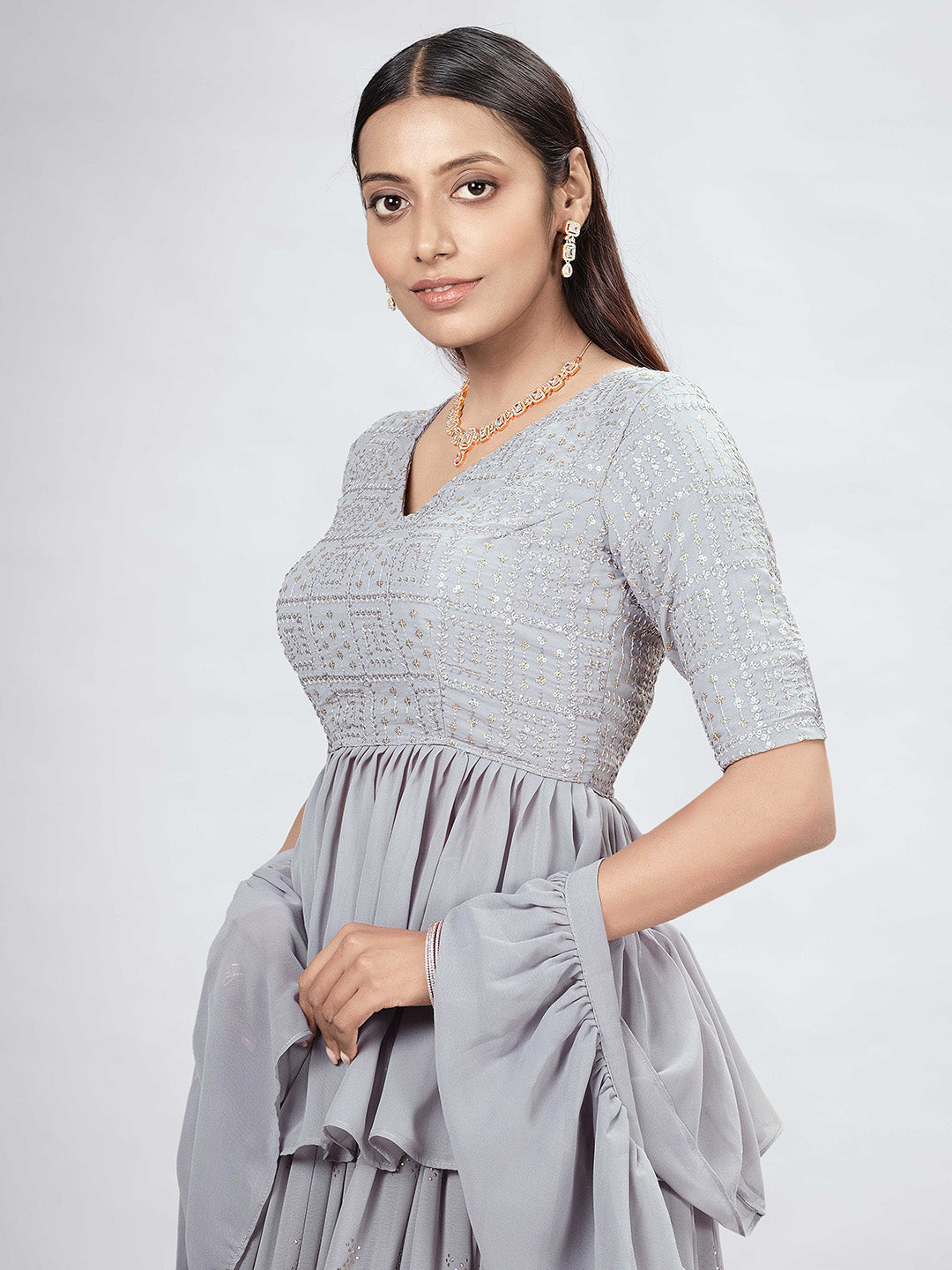 Grey Embroidered Georgette Semi Stitched Kurta Choli With Lehenga &amp; Dupatta
