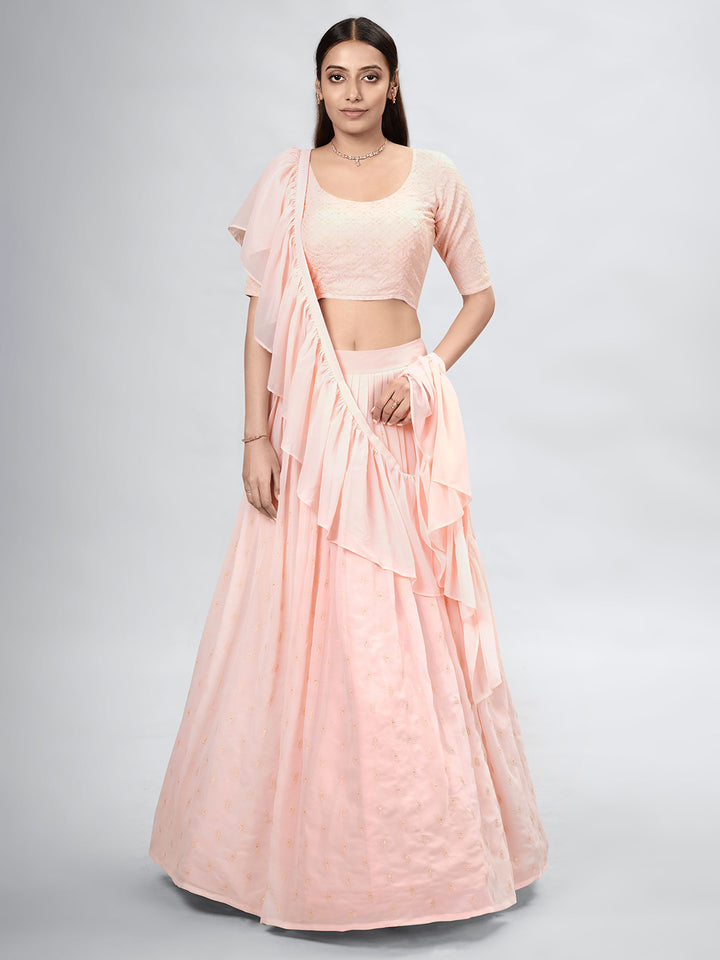 Peach Embroidered Georgette Semi Stitched Kurta Choli With Lehenga &amp; Dupatta