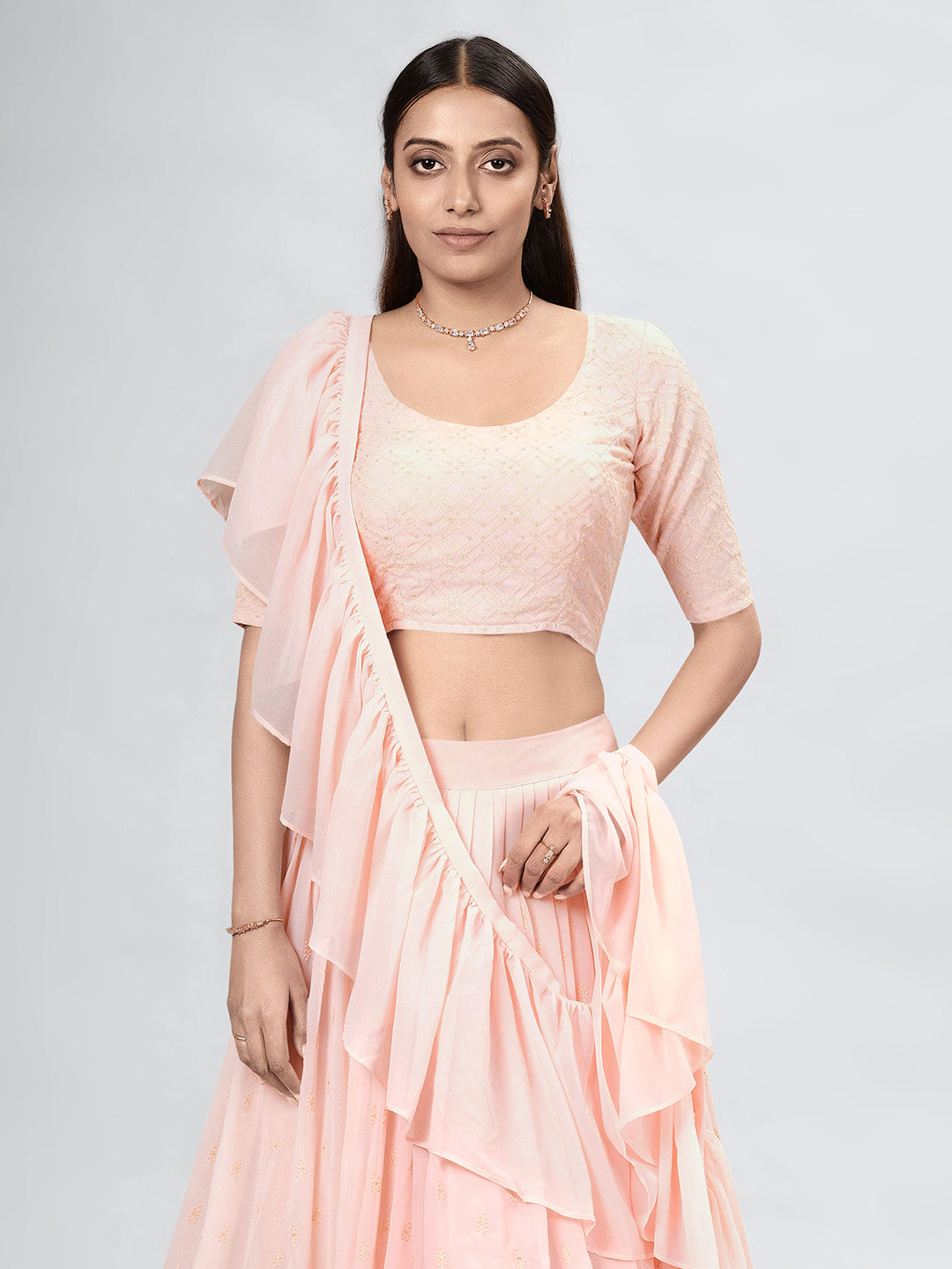 Peach Embroidered Georgette Semi Stitched Kurta Choli With Lehenga &amp; Dupatta