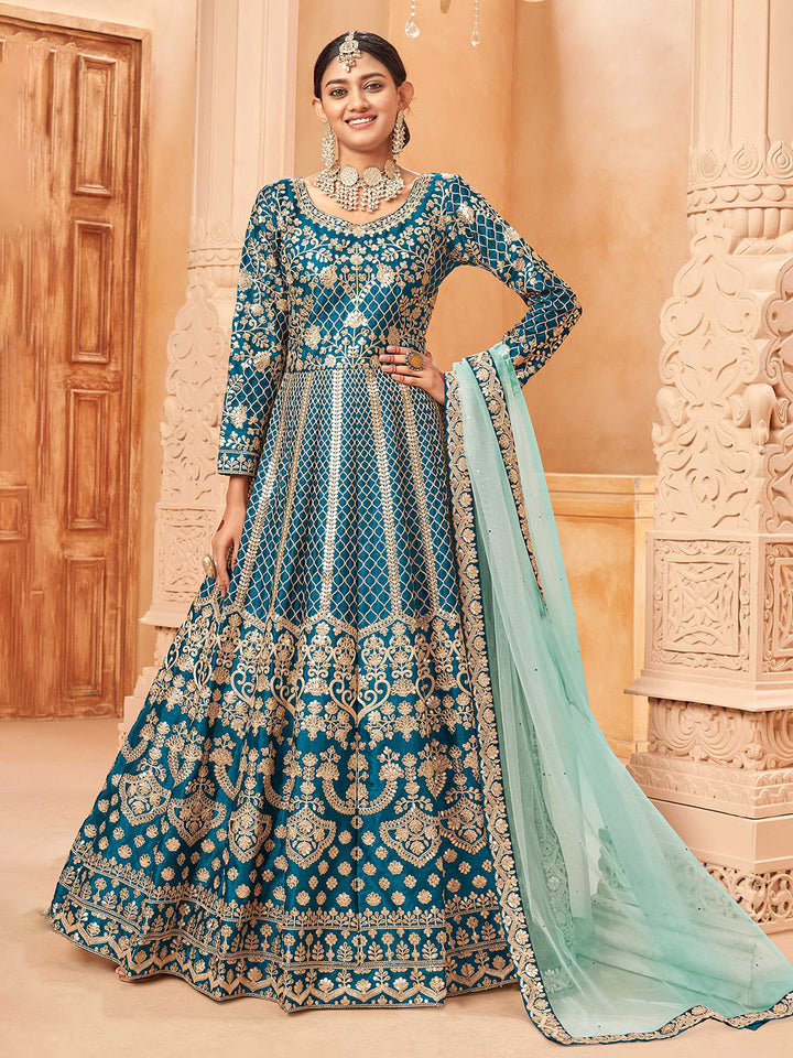 Teal Blue Embroidered Art Silk Semi Stitched Kurta With Churidar Pajami &amp; Dupatta