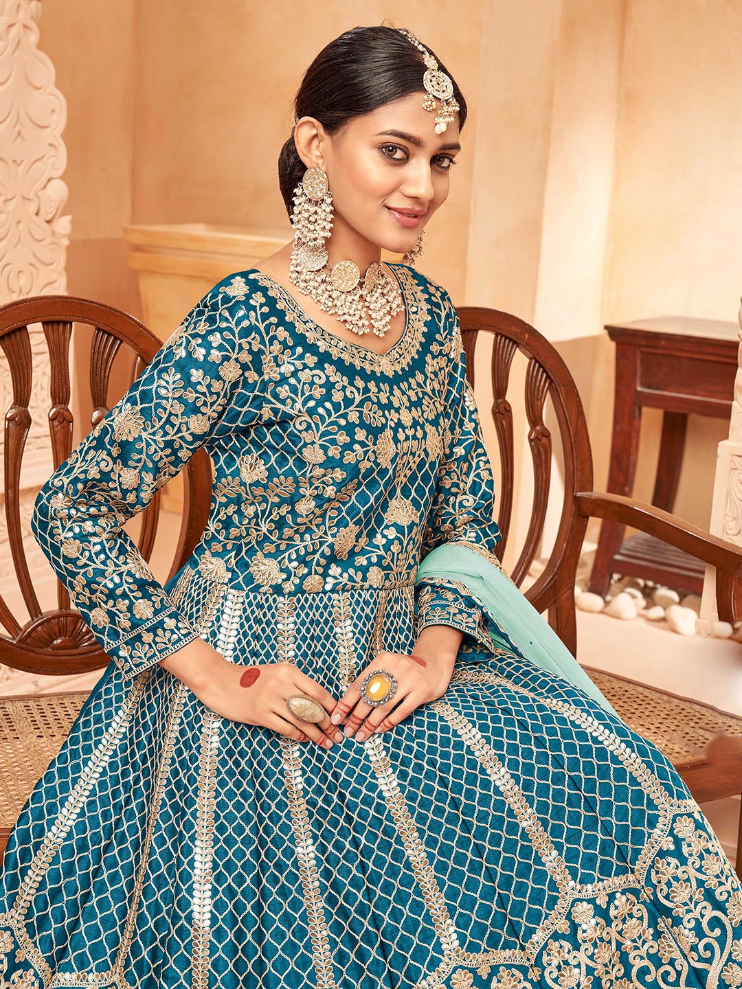 Teal Blue Embroidered Art Silk Semi Stitched Kurta With Churidar Pajami &amp; Dupatta