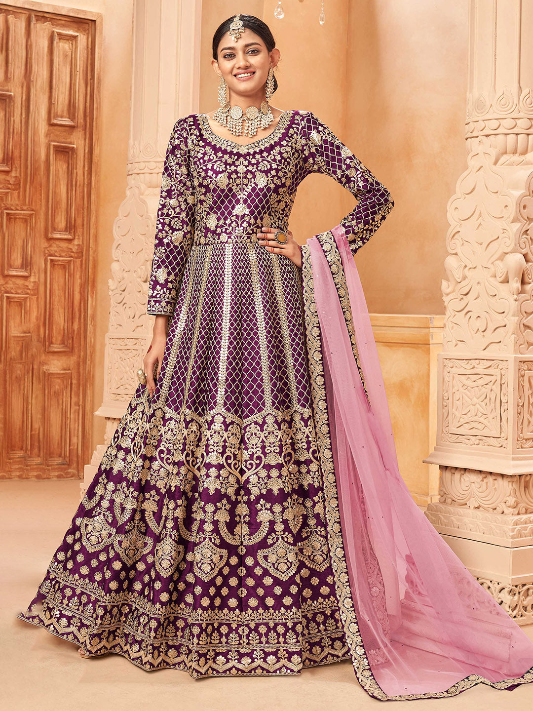 Purple Embroidered Art Silk Semi Stitched Kurta With Churidar Pajami &amp; Dupatta