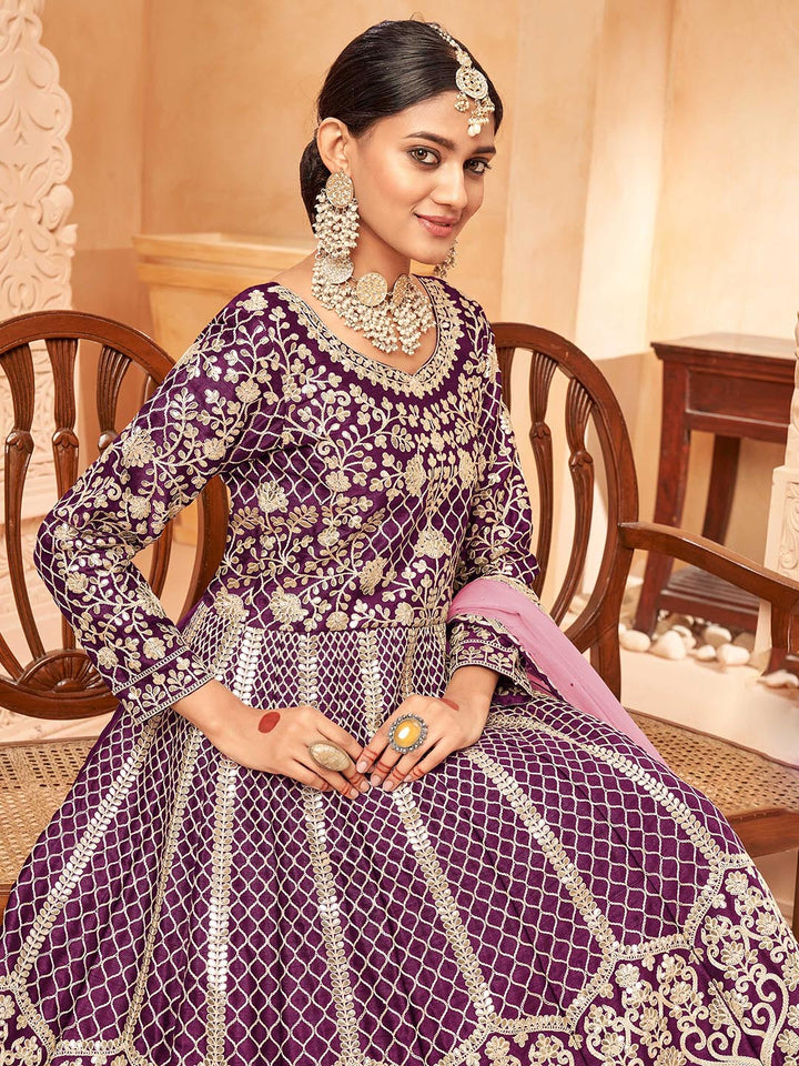 Purple Embroidered Art Silk Semi Stitched Kurta With Churidar Pajami &amp; Dupatta