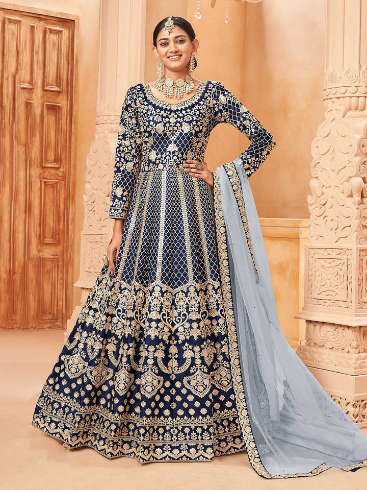 Blue Embroidered Art Silk Semi Stitched Kurta With Churidar Pajami &amp; Dupatta