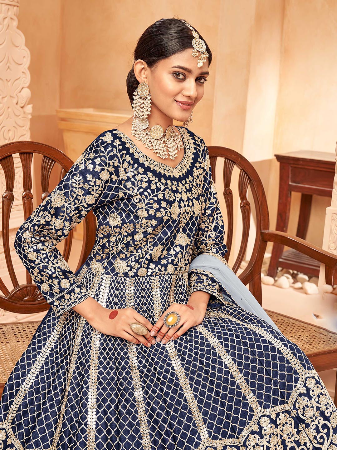Blue Embroidered Art Silk Semi Stitched Kurta With Churidar Pajami &amp; Dupatta