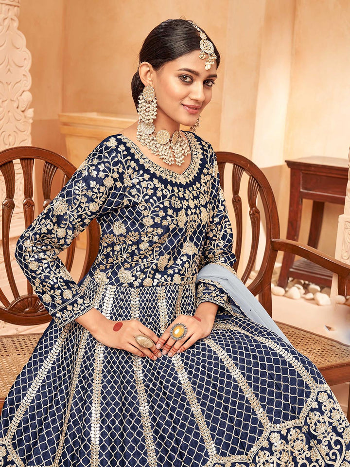 Blue Embroidered Art Silk Semi Stitched Kurta With Churidar Pajami &amp; Dupatta