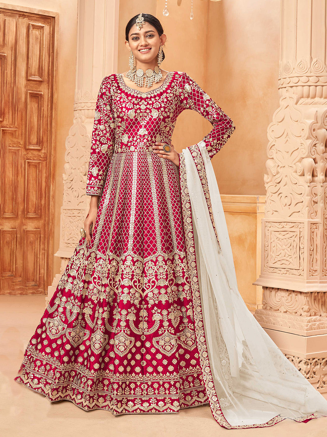 Pink Embroidered Art Silk Semi Stitched Kurta With Churidar Pajami &amp; Dupatta