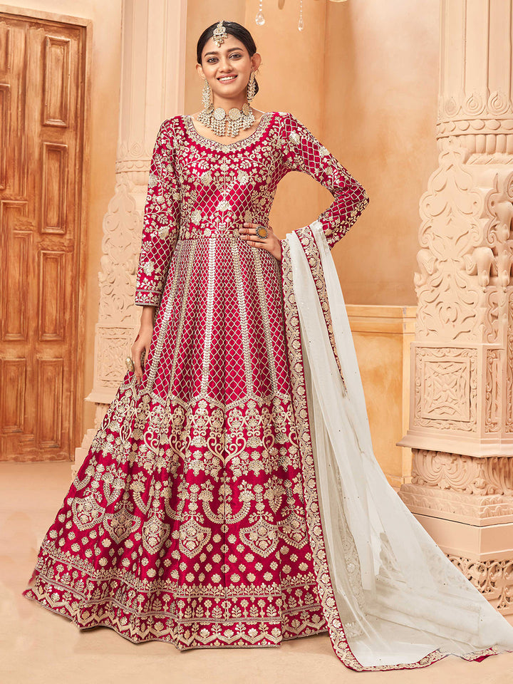 Pink Embroidered Art Silk Semi Stitched Kurta With Churidar Pajami &amp; Dupatta