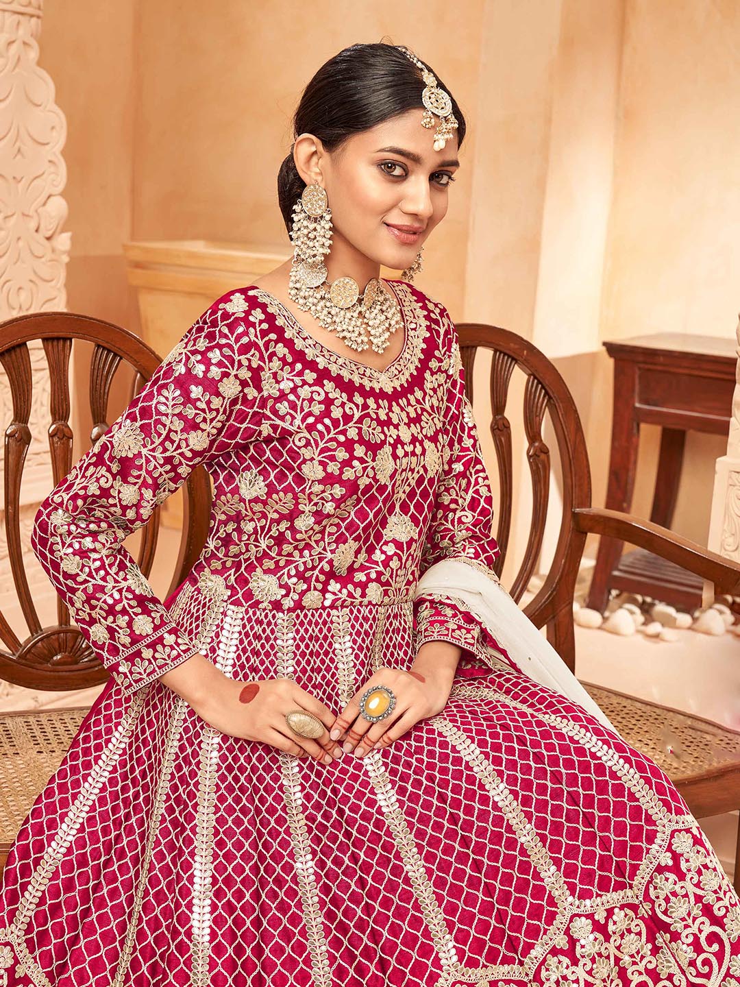 Pink Embroidered Art Silk Semi Stitched Kurta With Churidar Pajami &amp; Dupatta