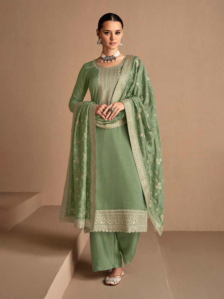 Dusty Green Embroidered Silk Semi Stitched Kurta With Palazzo &amp; Dupatta