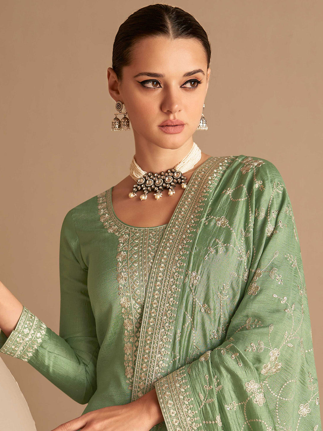 Dusty Green Embroidered Silk Semi Stitched Kurta With Palazzo &amp; Dupatta