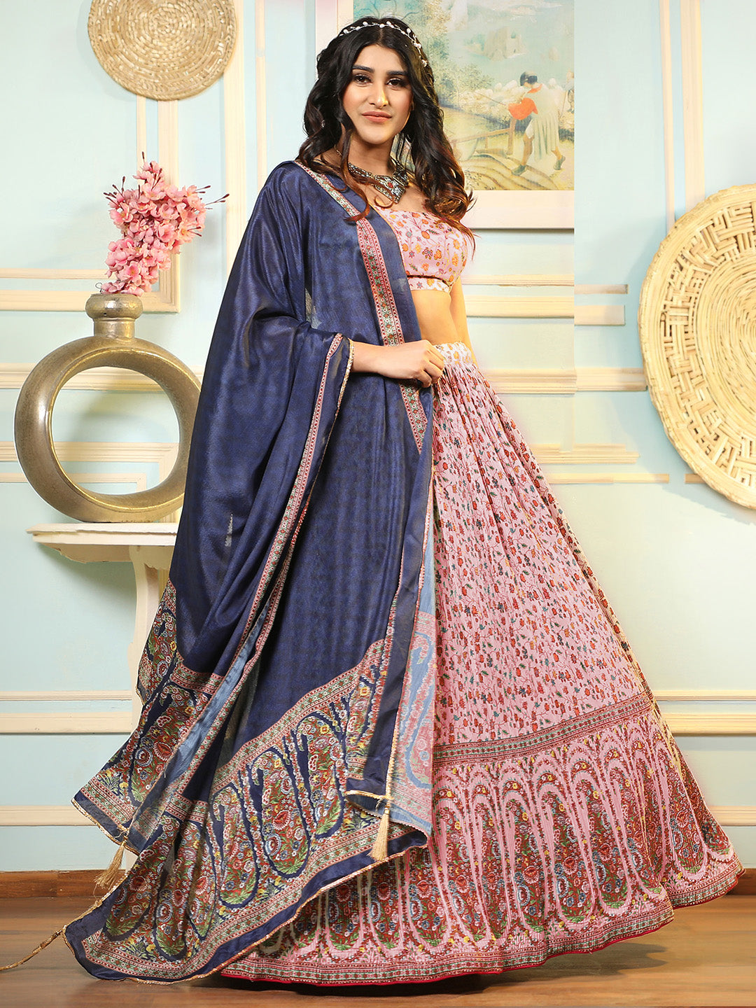 Beige Art Silk Embroidered Semi Stitched Blouse Lehenga &amp; Dupatta