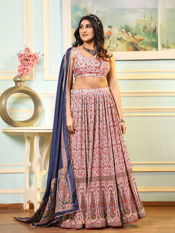 Pink Embroidered Satin Semi Stitched Blouse Lehenga &amp; Dupatta