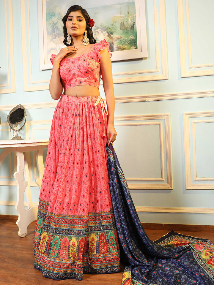 Pink Art Silk Embroidered Semi Stitched Blouse Lehenga &amp; Dupatta