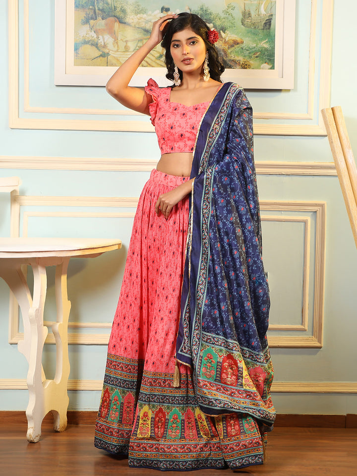 Pink Art Silk Embroidered Semi Stitched Blouse Lehenga &amp; Dupatta